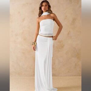 12th Tribe White Maxi Skirt, Top, and Scarf Dress Set